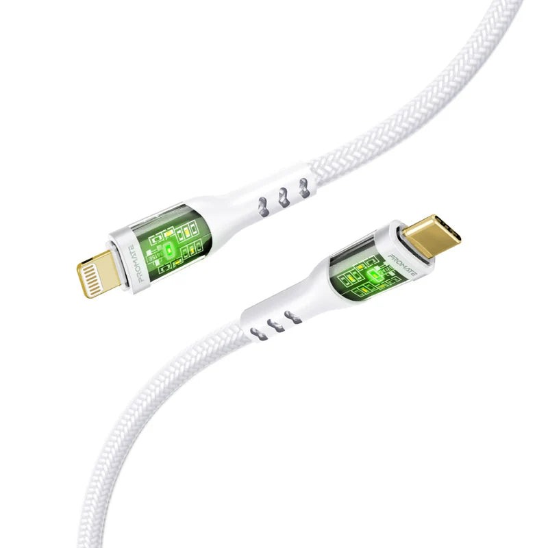 PROMATE 27W Power Delivery USB-C to Lightning Cable with Transparent Shells