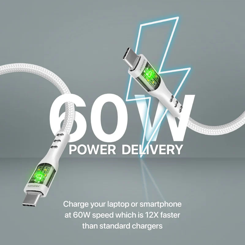 PROMATE 60W Power Delivery Ultra-Fast USB-C Cable with Transparent Shells
