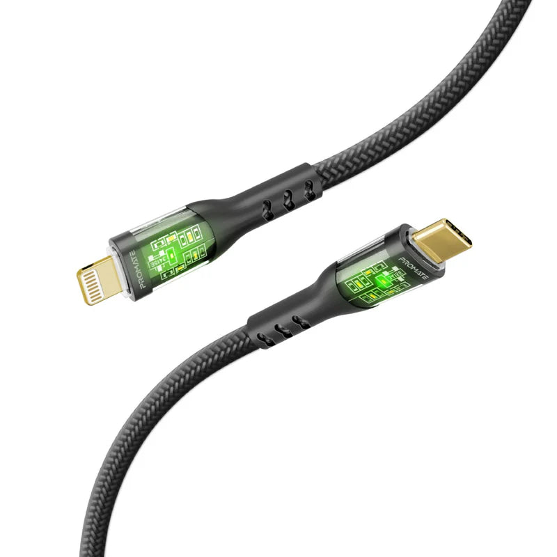 PROMATE 27W Power Delivery USB-C to Lightning Cable with Transparent Shells