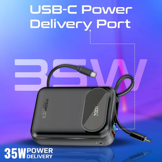 Ultra Compact 35W SuperSpeed™ Power Bank with Built-In USB-C & Lightning Cable